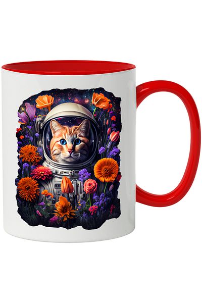 StoryGift Romania Cana Cu Pisica, Astronaut, Camp, Flori, Lalele, Spatiu, Multicolor 330 ml, Ceram, Cu Maner Rosu