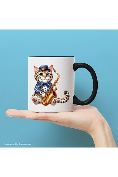 StoryGift Romania Mug with a cheetah cub holding a saxophone | illustration | music | instrument, With Black Handle