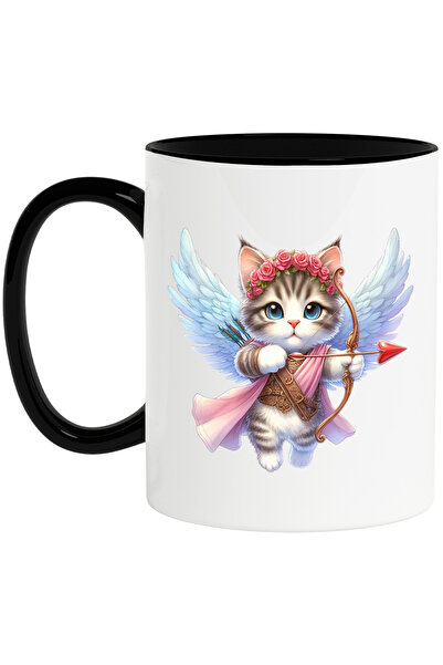 StoryGift Romania Cana cu o pisicuta care trage cu arcul, ilustratie, Cupidon, indragostire, Valen, Cu Maner Negru