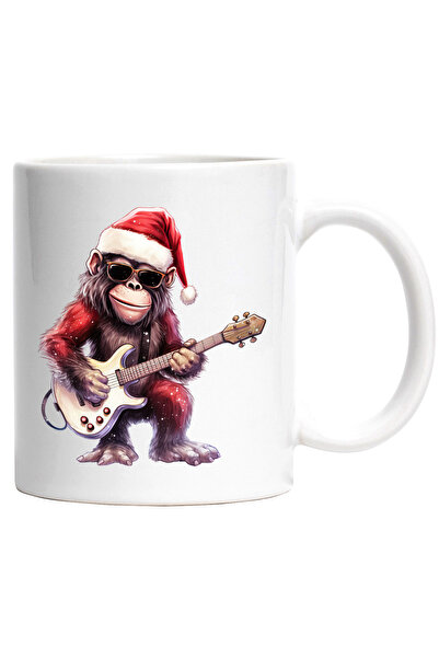 StoryGift Romania Cana cu un cimpanzeu care canta la chitara | ilustratie | ninge | caciula | inst, Cu Maner Alb