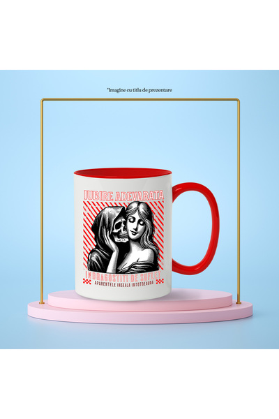 StoryGift Romania Skeletons and girl true love lovers mug, 330ml, Ceramic with Red Handle, With Red Handle
