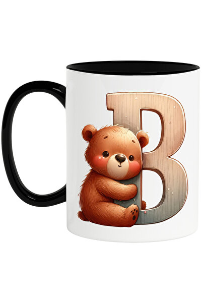StoryGift Romania Cana cu un ursulet cu litera "B", ilustratie, pentru copii, scoala, elev, abeced, Cu Maner Negru