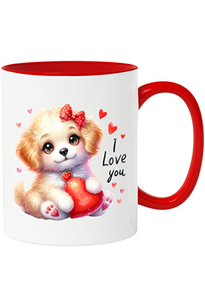 StoryGift Romania Cana cu o catelusa care zambeste | ilustratie | mesajul "I love you" | inimioare, Cu Maner Rosu
