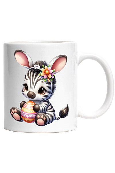 StoryGift Romania Cana cu un pui de zebra care are un ou vopsit | ilustratie | flori | urechi de i, Cu Maner Alb