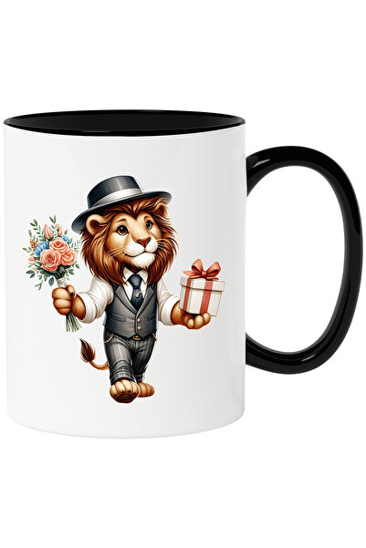 StoryGift Romania Cana cu un leu care tine un buchet cu flori si un cadou | i...