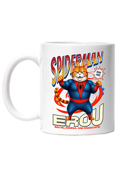 StoryGift Romania Cana cu Grasa Pisica In Costum de SpiderMan cu Pelerina, Erou Nocturn, Desene an, Cu Maner Alb