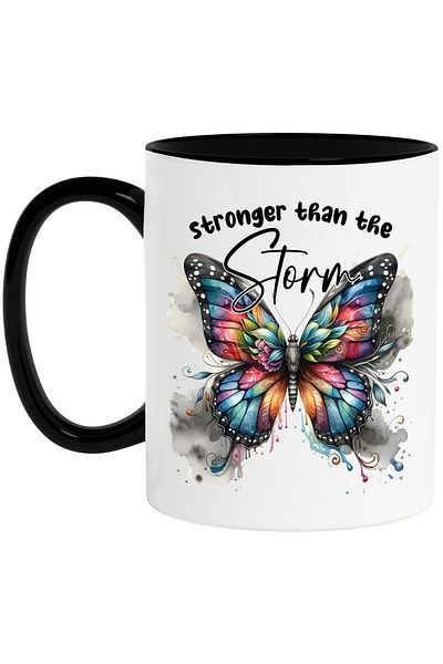StoryGift Romania Mug with a butterfly with colorful wings and the message "Stronger than the storm, with black handle"