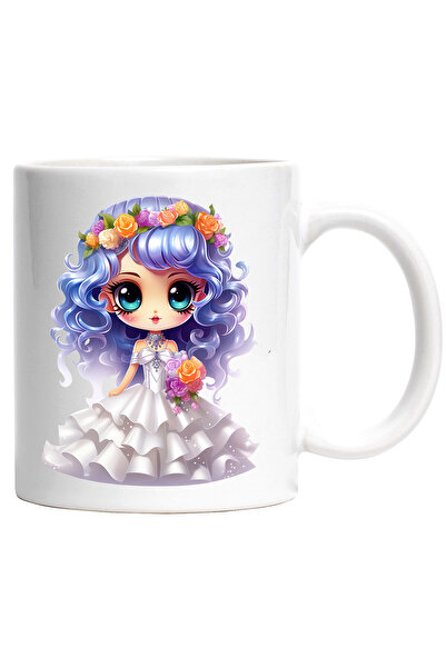 StoryGift Romania Cana cu o fata care poarta o rochie alba de mireasa | ilustratie | buchet cu flo, Cu Maner Alb