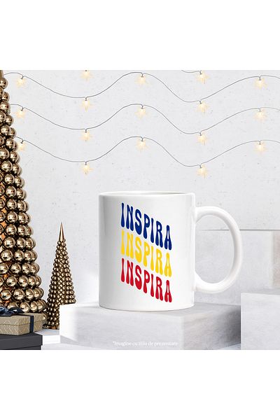 StoryGift Romania Mug The Word Inspire, in the Colors of the Romanian Flag, Red, Yellow, Blue, T, With White Handle