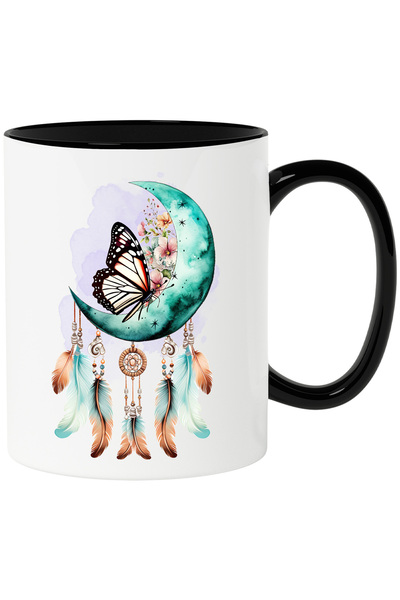 StoryGift Romania Cana cu fluture pe luna, pene, plasa de vise, ezoteric, sem...