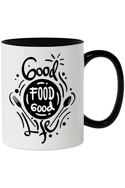 StoryGift Romania Cana Cu Mesaj In Engleza Good Food Good Life, Mancare, Viata, Tacamuri, Farfurie, Cu Maner Negru