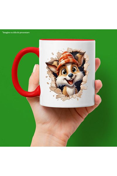 StoryGift Romania Mug with a cheerful animal sticking its head out of the wall | illustration | hat |, With ,STG.
