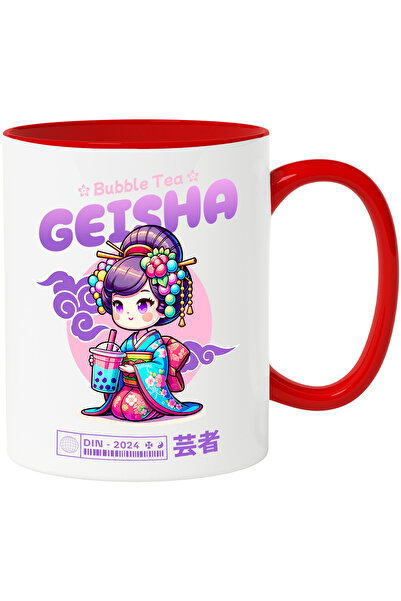 StoryGift Romania Cana Bubble Tea de Geisha asiatica stil anime japonia, 330ml, Ceramic cu Maner R, Cu Maner Rosu