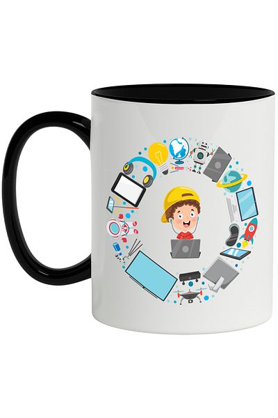 StoryGift Romania Cana Cu Baiat, Tehnologie, Gadget, Robot, Laptop, Televizor, Tableta, VR, Multic, Cu Maner Negru