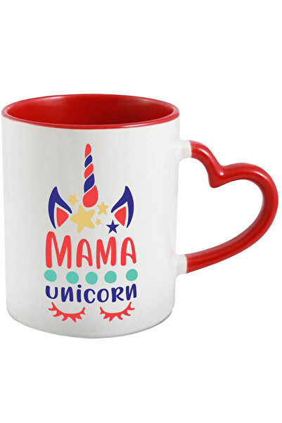 StoryGift Romania Cana cu textul "Mama unicorn" - creatura fantastica cu Maner Inima Rosie, Cu Maner Inima Rosie