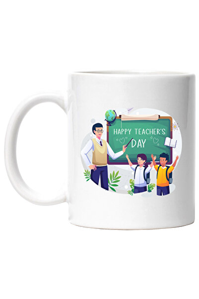 StoryGift Romania Cana Cu Mesaj In Engleza Happy Teacher's Day, Elevi, Ghiozdan, Ziua Profesorului, Cu Maner Alb