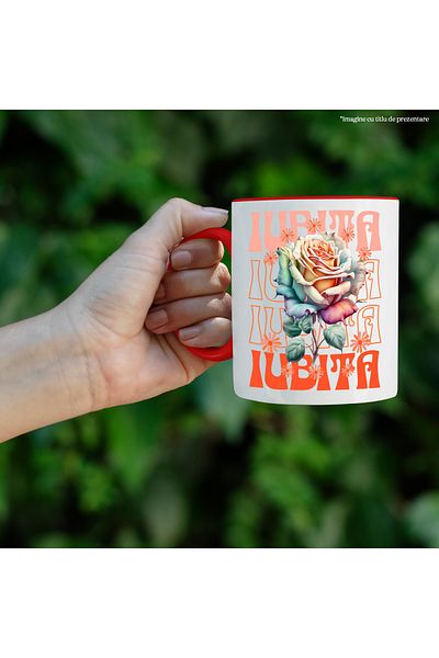 StoryGift Romania Beloved Mug - Rose Flower, 330ml, Ceramic with Red Handle, With Red Handle STG, STG, STG.
