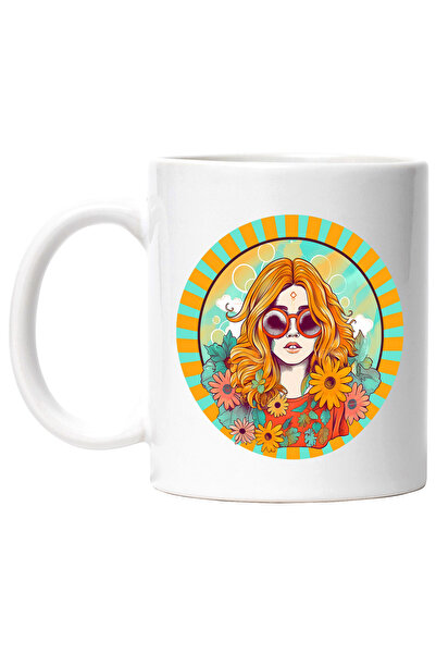 StoryGift Romania Cana cu o fata cu flori, stilul hippie, cultura, ilustratie...