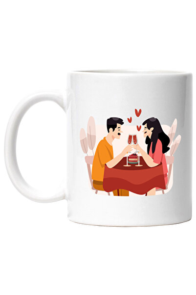 StoryGift Romania Cana Cu Cuplu, Cina, Inimi, Vin, Tort, Dragoste, Masa, Multicolor 330 ml, Cerami, Cu Maner Alb