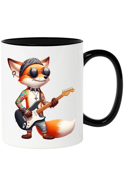 StoryGift Romania Cana cu un vulpoi care canta la chitara | tatuat | rocker | metal | instrument m, Cu Maner Negru