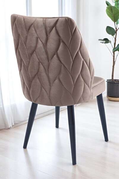 MYMASSA Puffy Sandalye - Babyface Kapuçino Kumaş - Metal Siyah Ayak - Mutfak Sandalyesi - Salon Sandalyesi