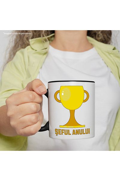 StoryGift Romania Gold Trophy Mug for Boss of the Year, Leader, Work, 330ml, Ceramic with Handle, Black