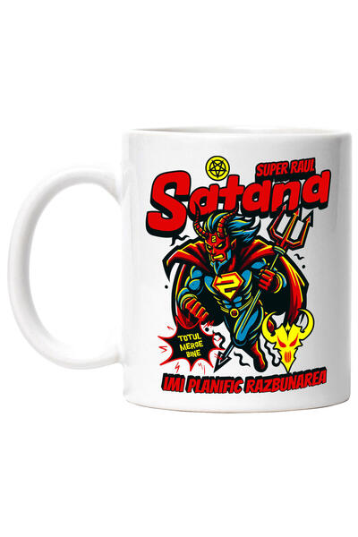 StoryGift Romania Cana cu Satana Diavol In Costum De Super erou Cu Coarne Si Coada Text Imi Planif, Cu Maner Alb