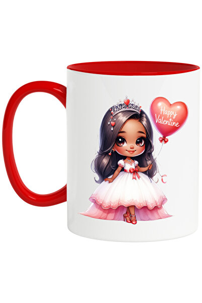 StoryGift Romania Cana cu o fetita care tine un balon cu mesajul "Happy Valentine" | ilustratie | , Cu Maner Rosu