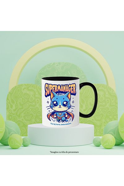 StoryGift Romania Super Manager Mug, Superhero, Flying Cat, 330ml, Ceramic with Black Handle, With Handle, STG.
