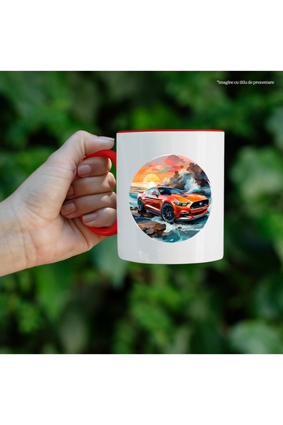 StoryGift Romania Mug With Car, Sunset, Ocean, Waves, Clouds, Sun, Rocks, Multicolor 330 ml, Sky, With ,STG