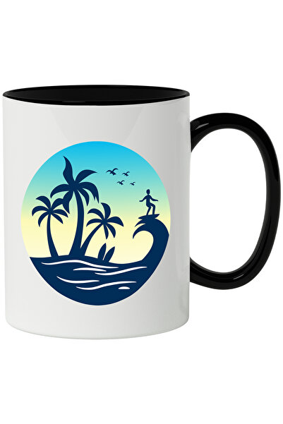 StoryGift Romania Cana Cu Val, Surf, Pasari, Insula, Multicolor 330 ml, Ceramica cu Maner Negru, Cu Maner Negru