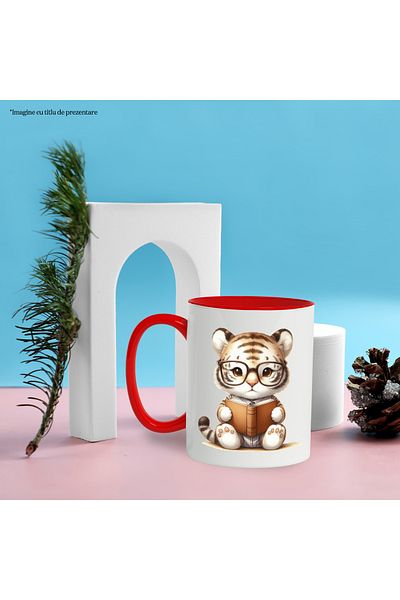 StoryGift Romania Mug with a little tiger holding a book, illustration, glasses, reading, bye, With, STG