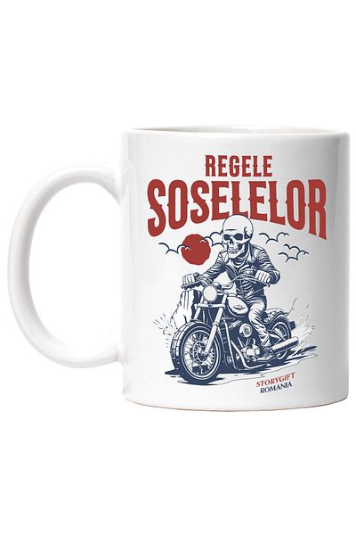 StoryGift Romania Cana regele soselelor schelete pe motor viteza motocicleta, 330ml, Ceramic cu Ma, Cu Maner Alb