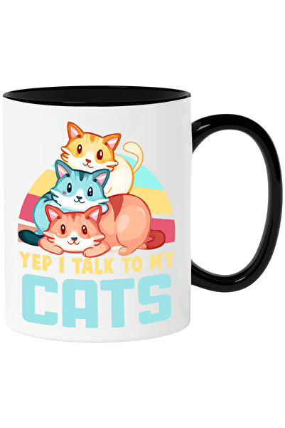 StoryGift Romania Cana cu pisici cu mesajul "Yep, I talk to my cats", vorbeste cu pisicile, ilustr, Cu Maner Negru