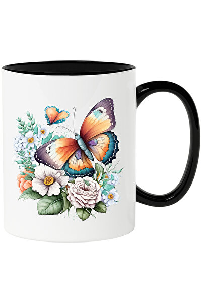 StoryGift Romania Cana cu 2 fluturasi in natura | ilustratie | floricele | plante | libertate | ev, Cu Maner Negru