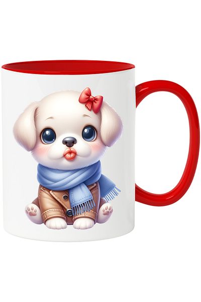 StoryGift Romania Cana cu un catelus care da un pupic | ilustratie | fular | imbracat gros | frig , Cu Maner Rosu