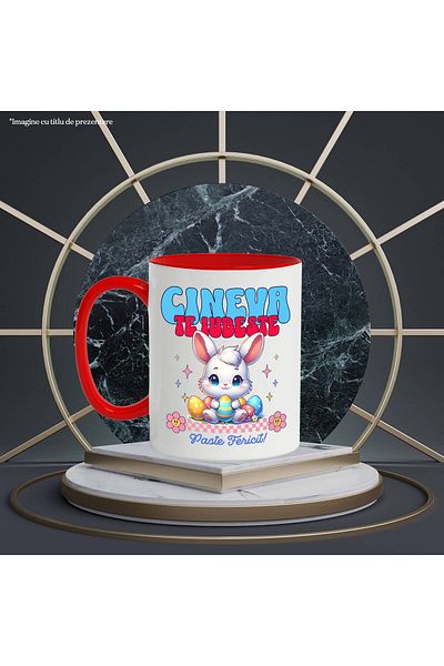 StoryGift Romania Cana cu Iepure Alb Cu Ochii Albastru oua Colorate Text Cineva Te Iubeste Paste F, Cu Maner Rosu