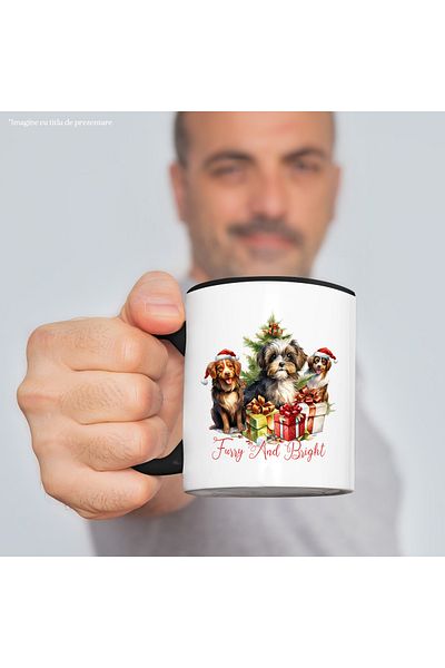 StoryGift Romania Mug with puppies with the message "Furry and Bright", Merry Christmas, illustration, and, With ,STG