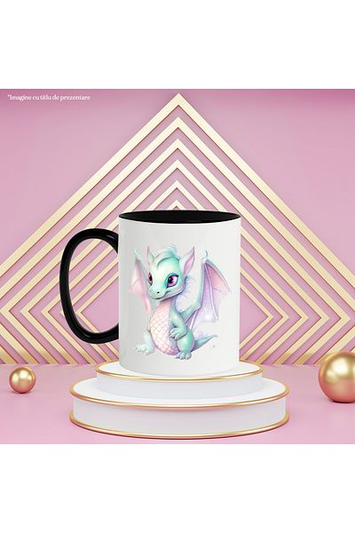 StoryGift Romania Cana cu un pui de dragon | ilustratie | solzi | verde | stralucitor | pentru cop, Cu Maner Negru