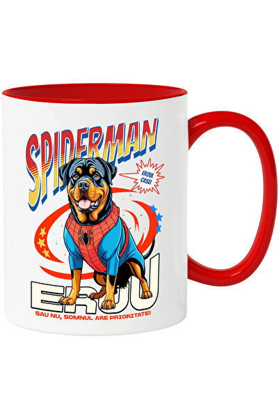 StoryGift Romania Cana cu Rottweiler Caine In Costum de SpiderMan cu Pelerina, Erou Nocturn, Desen, Cu Maner Rosu