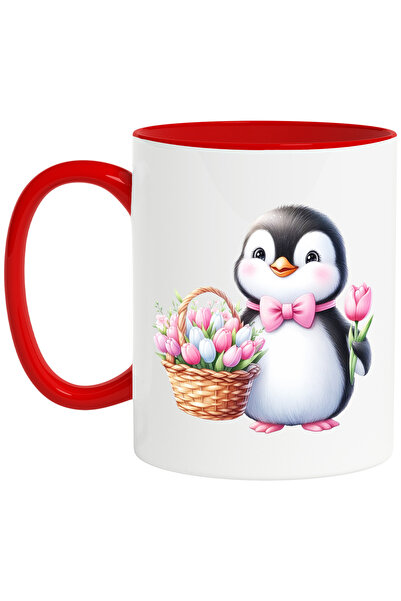 StoryGift Romania Cana cu un pinguin vesel care tine un cosulet cu lalele, il...