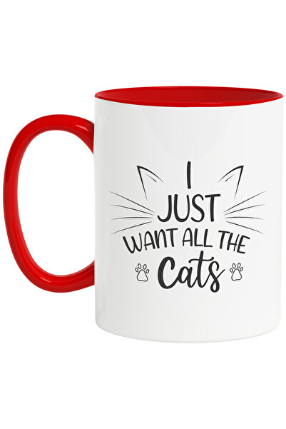 StoryGift Romania Cana cu ilustratie afisand urechi de pisica si mesajul "I just want all the cats, Cu Maner Rosu