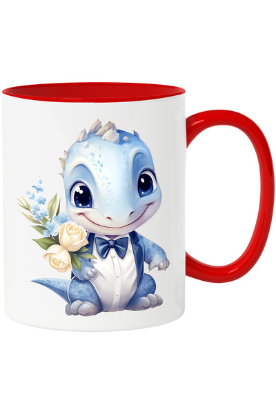 StoryGift Romania Cana cu un pui de dinozaur la camasa | ilustratie | fericit | flori | albastru |, Cu Maner Rosu