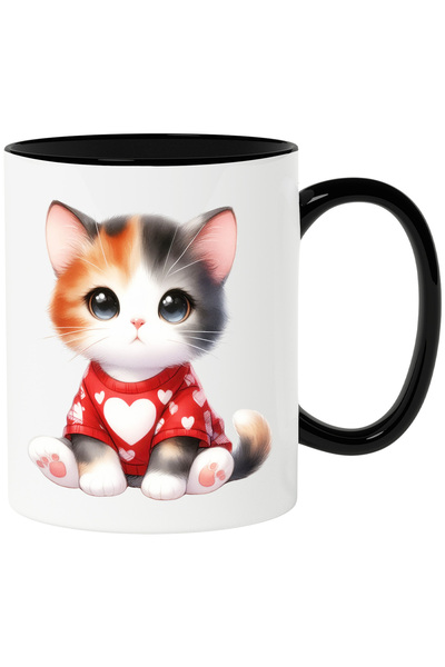 StoryGift Romania Cana cu o pisicuta serioasa | ilustratie | poarta o bluza cu inimioare | aprecie, Cu Maner Negru