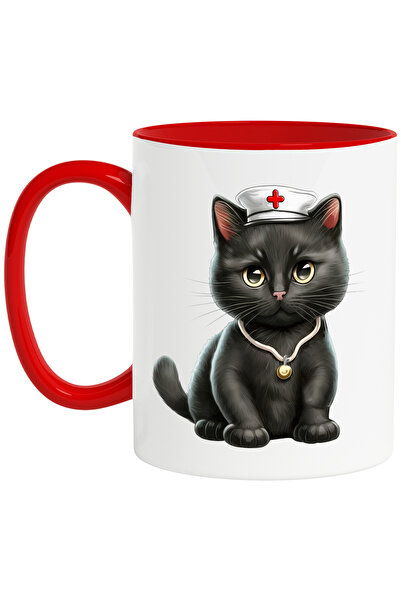 StoryGift Romania Cana cu o pisicuta cu boneta medicala | asistenta | ilustratie | neagra | trista, Cu Maner Rosu