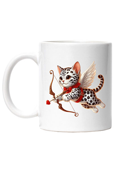 StoryGift Romania Cana cu o pisicuta alba cu buline negre | Cupidon | trage cu arcul | indragostir, Cu Maner Alb
