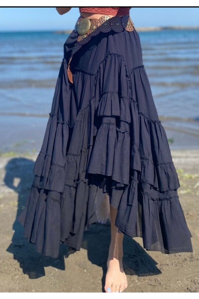 Tasarım Asimetrik Kesim Müslin Kumaş Volanlı Kat Kat Etek