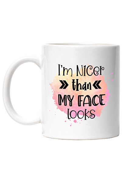 StoryGift Romania Cana cu mesajul "I'm nicer than my face looks", ilustratie, amuzant, razi, comic, Cu Maner Alb