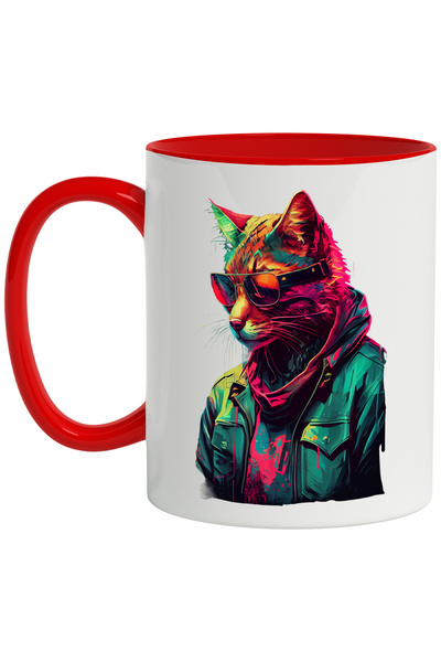 StoryGift Romania Cana Cu Pisica, Retro, Wave, Ochelari De Soare, Jacheta, Multicolor 330 ml, Cera, Cu Maner Rosu