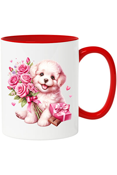 StoryGift Romania Cana cu un catel blanos si grasut care tine un buchet cu tr...
